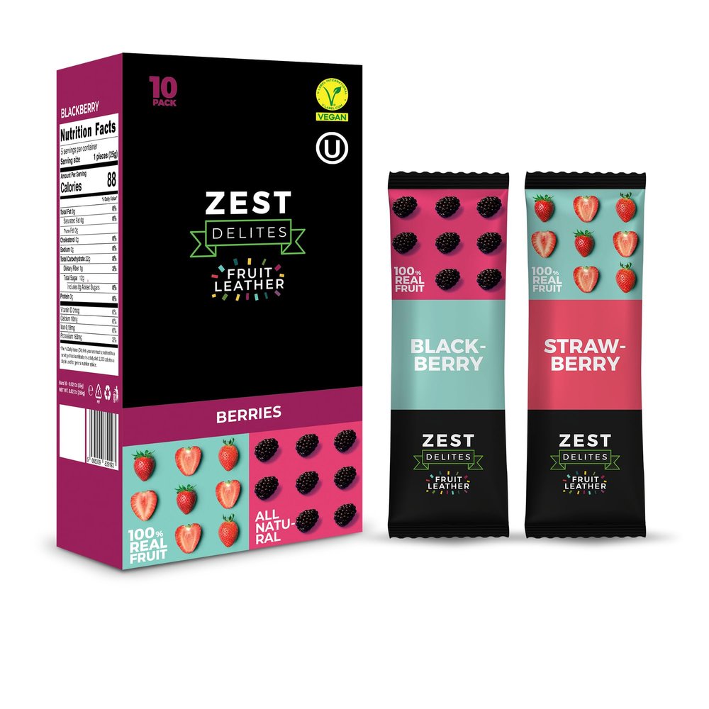 Dried Fruit Bars by Zest Delites, Fruit Leather, Healthy Snacks Pack for Adults & Kids, Lavashak, Vegan, Apple-Based Strips, Blackberry, Strawberry, 0.88 oz x 10