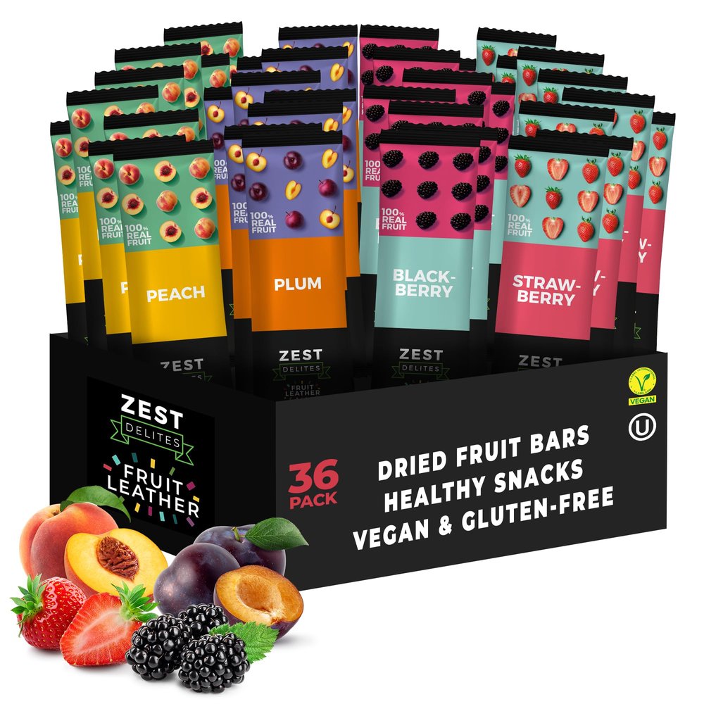 Fruit Snacks by Zest Delites, Fruit Leather, Healthy Snacks for Adults & Kids, Vegan Apple-Based Strips, Dried Strawberry-Peach-Blackberry-Plum Bars, 0.88 oz x 36