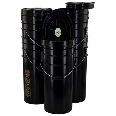 Bucket Kit, 6 Gallon Black Bucket with Black Twist-on lid and Black Grip, 5 Pack