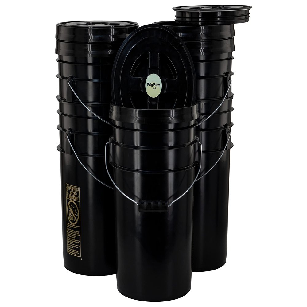 Bucket Kit, 6 Gallon Black Bucket with Black Twist-on lid and Black Grip, 5 Pack