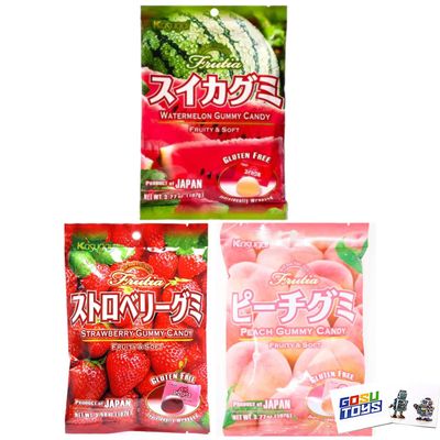Kasugai Japanese Gummy Candy with Real Fruit Juice (3 Pack) with 2 GosuToys Stickers (Peach, Strawberry, Watermelon)