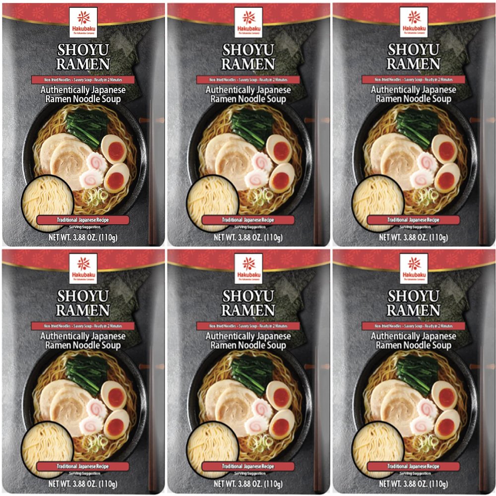 Hakubaku Japanese Ramen Noodle Soup, SHOYU, 3.88oz (Pack of 6), Authentic Japanese ramen non-fried & soft noodles, shelf-stable
