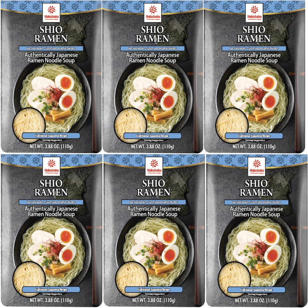 Hakubaku Japanese Ramen Noodle Soup, SHIO, 3.88oz (Pack of 6), Authentic Japanese ramen non-fried & soft noodles, shelf-stable. Product of Japan. Pack of 6 Ramen noodles.