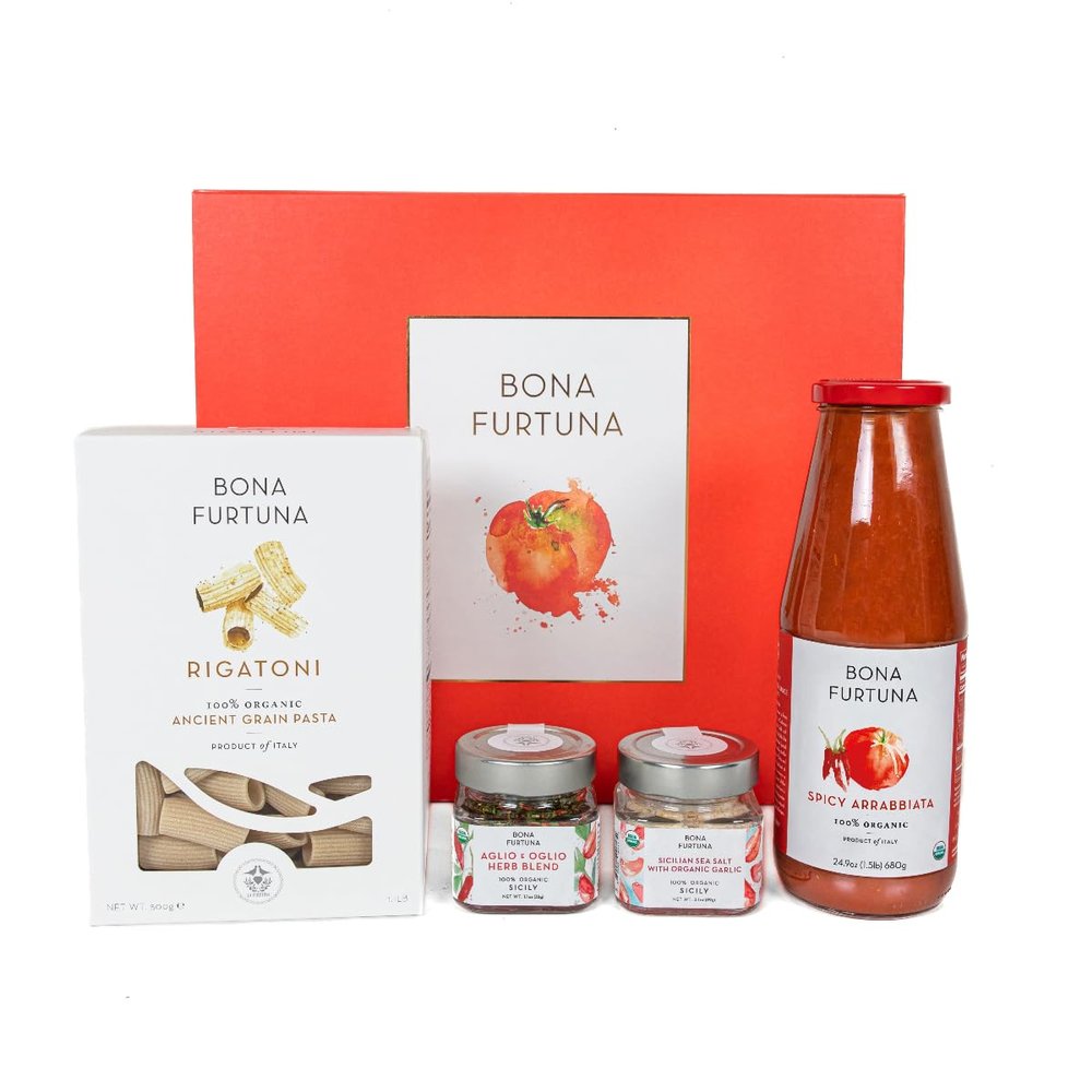 Bona Furtuna Monte Etna Spicy Organic Italian Food Gift Set with Ancient Grain Penne Pasta, Heirloom Arrabbiata Tomato Marinara Sauce, Aglio e Oglio Herb Blend, and Oregano Flowers Seasoning, 4 Piece Set