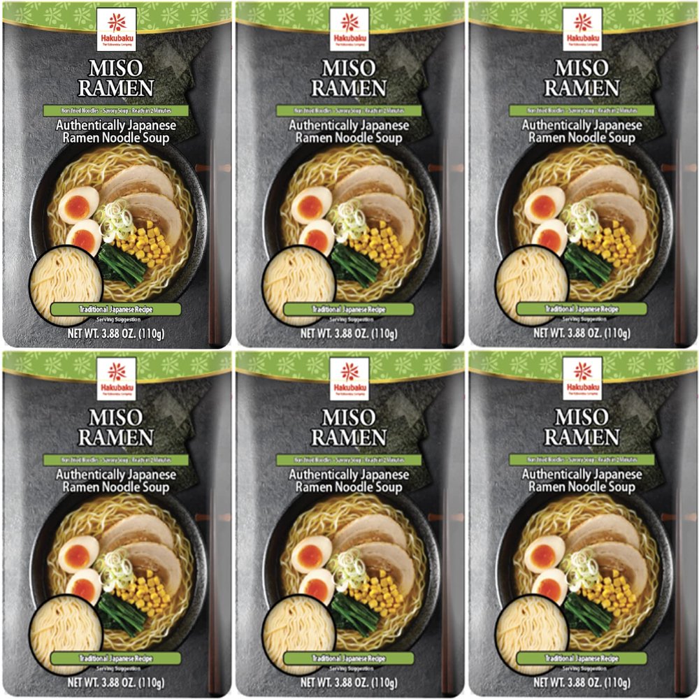 Hakubaku Japanese Ramen Noodle Soup, MISO, 3.88oz (Pack of 6), Authentic Japanese ramen non-fried & soft noodles, shelf-stable