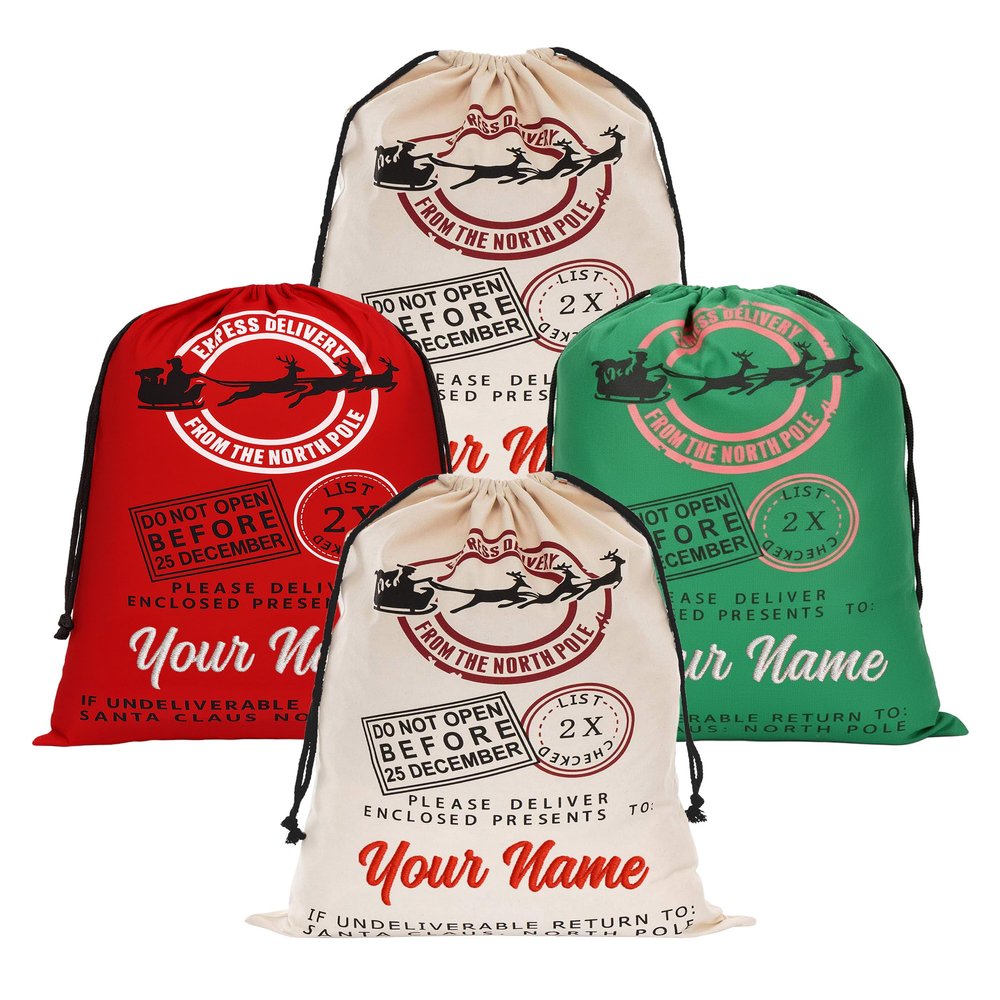 Printualist Personalized Drawstring Christmas Santa Sack, 4 Pack, Beige, Green or Red - Add Your Name - Custom Embroidered Santa Sack Canvas Stocking Bags for Kids, Family