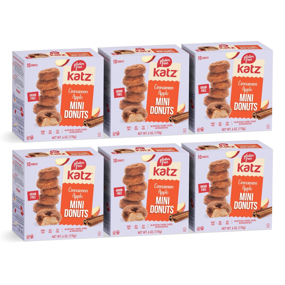 Katz Gluten Free Mini Cinnamon Apple Donuts. Fresh Baked With Juicy Apples & Dusted With Cinnamon Sugar. Gluten Free. Tree Nut, Peanut, Dairy & Soy Free. Kosher. 10 Donuts. 6.0 oz. (Pack of 6)