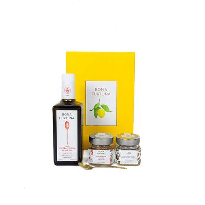 Bona Furtuna La Trattoria Organic Italian Olive Oil Gift Set with Award-Winning Extra Virgin Olive Oil, Sicilian Truffle Sea Salt and Cacio E Pepe Seasoning Blend, 3 Piece Set