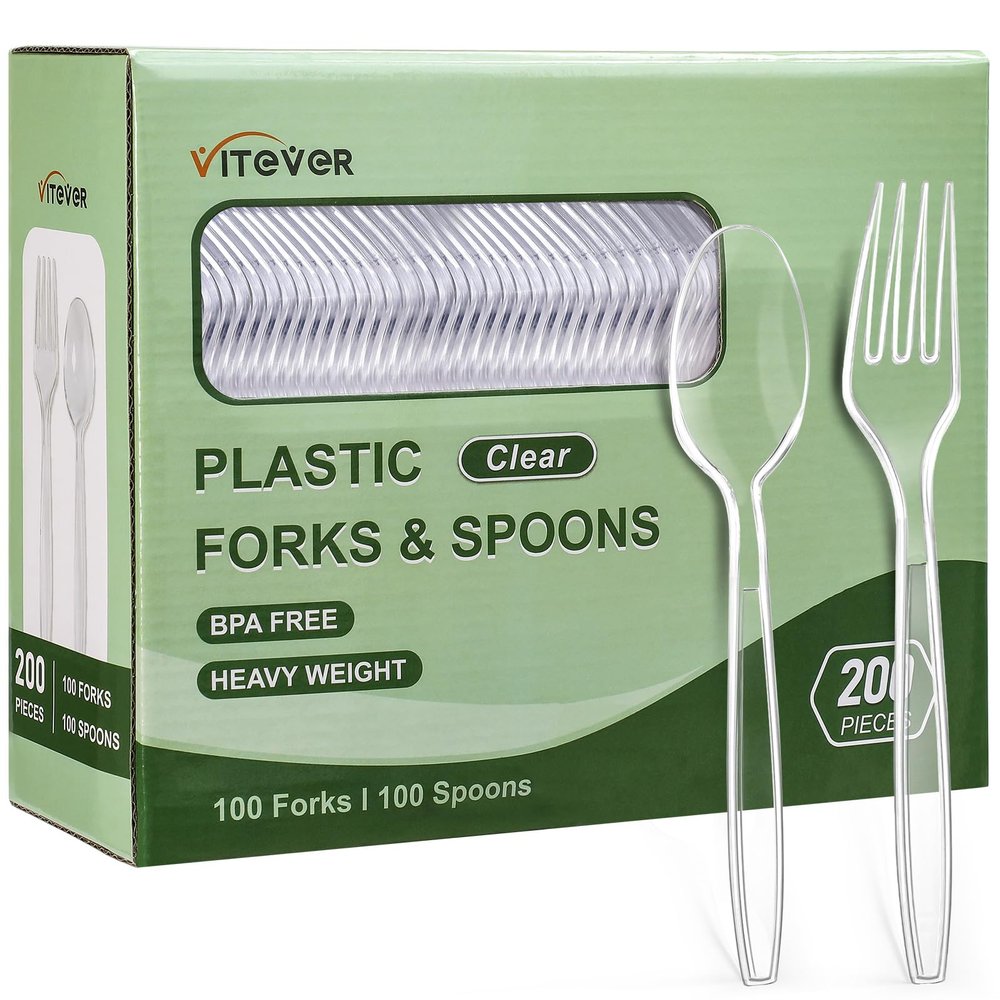 [200 Count] Disposable Plastic Silverware, Heavy Duty Forks and Spoons Set, Durable Plastic Utensils Cutlery Set for for Parties, Picnics, Big Event, Daily Use - Bpa free
