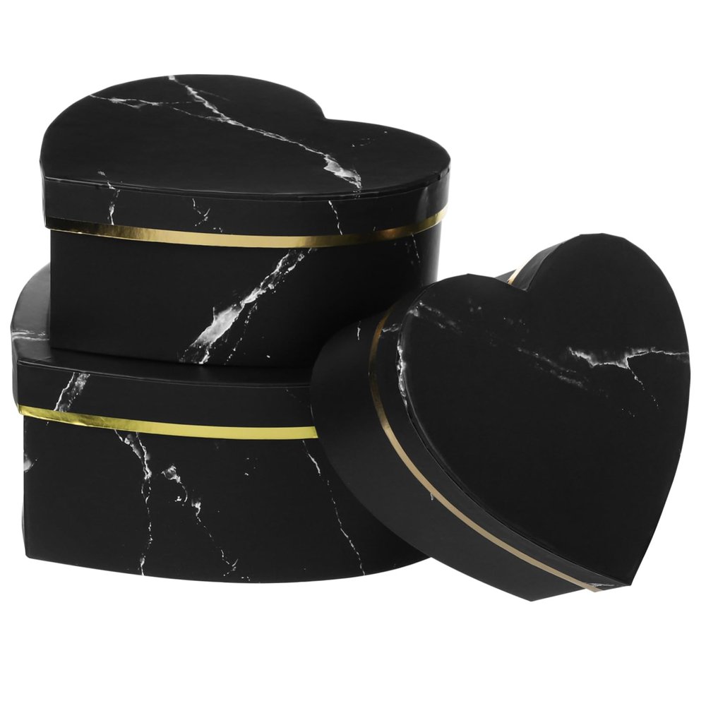 OUNONA Nesting Boxes 3pcs Marble Heart Shaped Paper Boxes Arrangement Flowery Hat Paper Box with Lid Packaging Box for Proposal Wedding Birthday Black Heart Shaped Box
