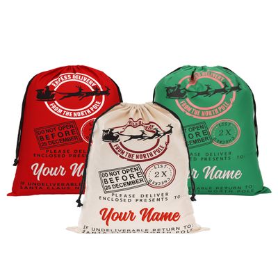 Printualist Personalized Drawstring Christmas Santa Sack, 3 Pack, Beige, Green or Red - Add Your Name - Custom Embroidered Santa Sack Canvas Stocking Bags for Kids, Family