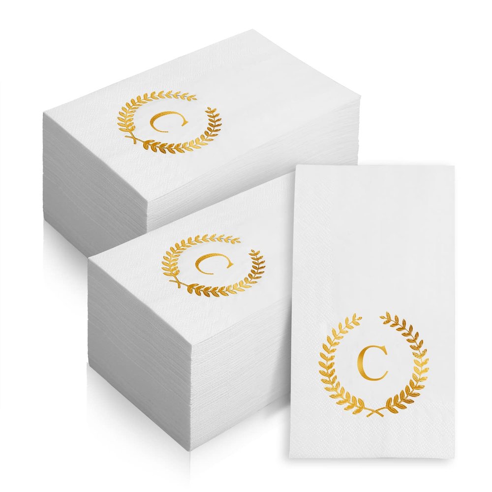 200 Pack Monogrammed Disposable Napkins Gold Foil Letter C Guest Napkins Initial Disposable Hand Paper Towels for Wedding Engagement Baby Shower Party Home Kitchen Bathroom Dinner Decorative Towels