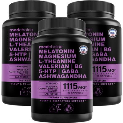 12-in-1 Melatonin Sleep Capsules - Natural Sleep Aids for Adults with Melatonin 5mg and Magnesium Glycinate 500mg, Sleep Aid with Ashwagandha, L Theanine, Valerian Root, GABA, 5-HTP (90ct, Pack of 3)
