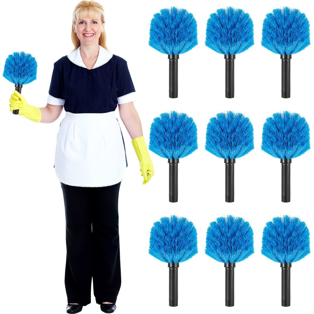 9 Pieces Twist on Cobweb Duster Bulk for Cleaning Company Cleaning Spider Web Remover Brush Cobweb Duster Head Attachment Fits Standard Threaded Poles, No Pole, Medium Stiff Bristles, Blue