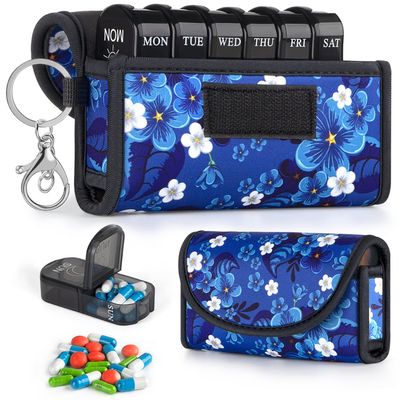 BVYA Pill Organizer Case, Weekly Travel Pill Case Medication Reminder,for 2 Times A Day, 7 Days a Week-Includes Neoprene Carrying Case & A PVC Vaccine Card Protectors