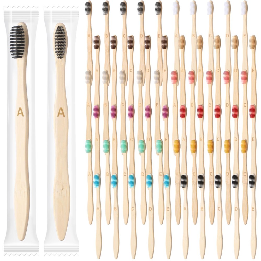 Sieral 120 Pcs Bamboo Toothbrushes Bulk Soft Bristle Individually Wrapped Travel Toothbrush Natural Wooden Tooth Brush for Homeless Kid Adult Home Travel Use, 7.5 Inch, 12 Colors (Letter)