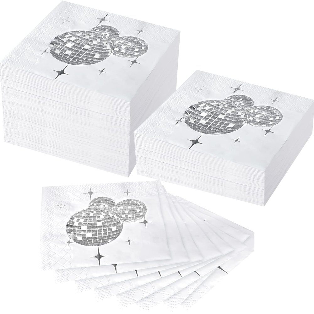 Patelai Disco Ball Napkins Party Decoration Disposable Cocktail Napkin with Silver Foil Last Disco Bach 70s 80s 90s Party Supplies for Wedding Birthday, 3 Ply, 5 Inch(Simple,200 Pcs)