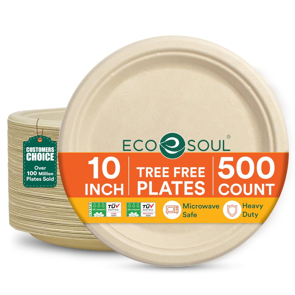 ECO SOUL 10 Inch Compostable Disposable Paper Plates [500 Pack] Food Safe 100% Virgin Bagasse Pulp Heavy Duty Biodegradable Microwave Safe Large Round Dinner Plate for Party, Picnic & BBQ (Brown)