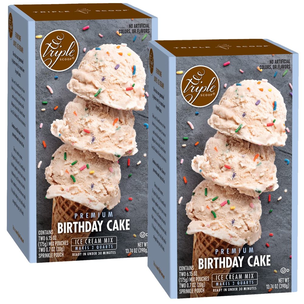 Triple Scoop - Premium Birthday Cake (2) Ice Cream Mix For Ice Cream Maker. Simple, Easy, Delicious. From Gourmet Mix To Maker in 5 Minutes, Makes 2 Creamy Qrts, Made in USA (2 Pack, Birthday Cake)