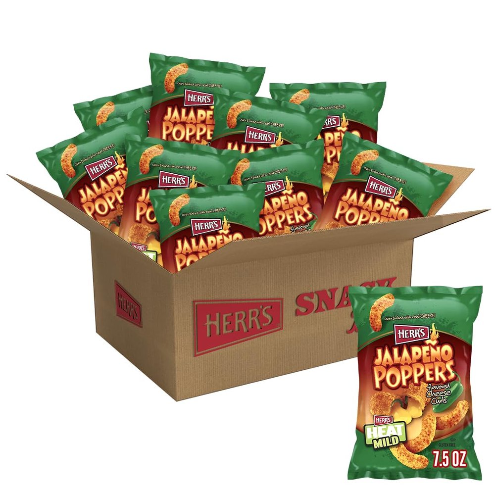Herr's Jalapeo Poppers Flavored Cheese Curls - Made with Cheddar Cheese - 7.5 Ounce (Pack of 9) Great for Bold Flavor Fans