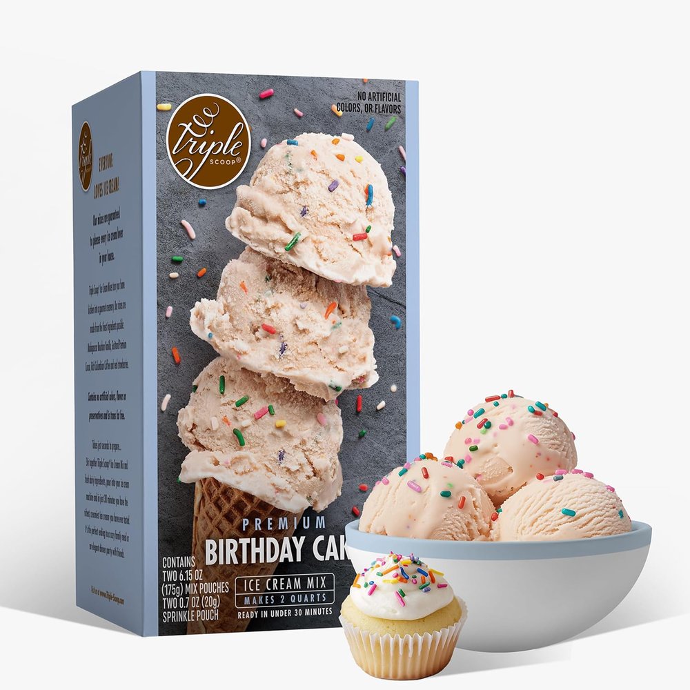 Triple Scoop - Premium Birthday Cake Ice Cream Mix For Ice Cream Maker. Simple, Easy, Delicious. From Gourmet Mix To Maker in 5 Minutes, Makes 2 Creamy Quarts, Made in USA (1 Pack, Birthday Cake)