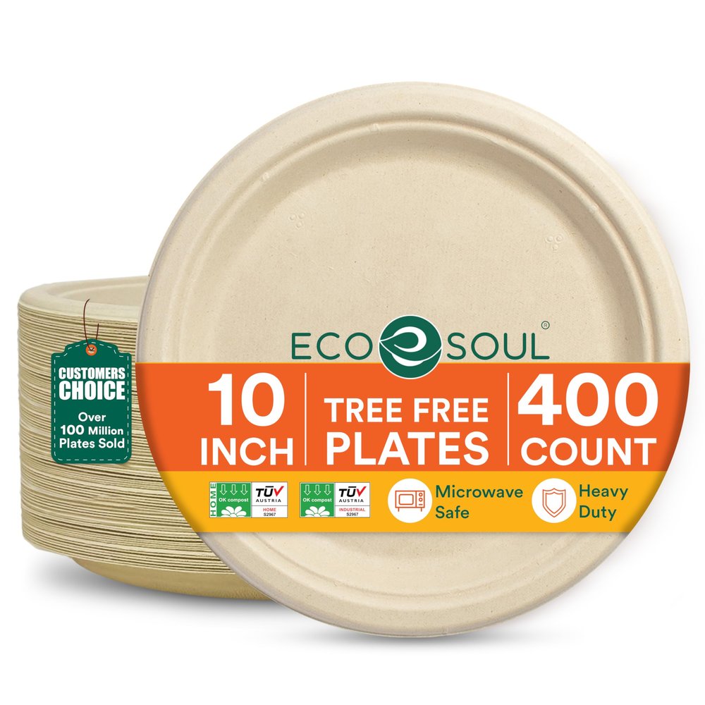 ECO SOUL 10 Inch Compostable Disposable Paper Plates [400 Pack] Food Safe 100% Virgin Bagasse Pulp Heavy Duty Biodegradable Microwave Safe Large Round Dinner Plate for Party, Picnic & BBQ (Brown)