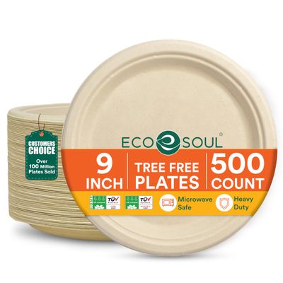 ECO SOUL 9 Inch Compostable Disposable Paper Plates [500 Pack] Food Safe 100% Virgin Bagasse Pulp Heavy Duty Biodegradable Microwave Safe Large Round Dinner Plate for Party, Picnic & BBQ (Brown)