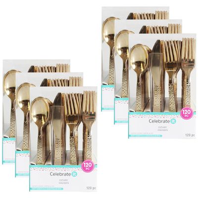 Celebrate It Gold Hammered Plastic Cutlery Set, 6 Packs: 120 ct. (720 total)