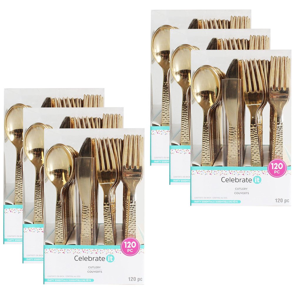 Celebrate It Gold Hammered Plastic Cutlery Set, 6 Packs: 120 ct. (720 total)