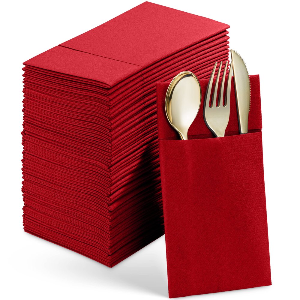 50-Pack Disposable Linen-Feel Dinner Napkins With Built-in Flatware Pocket, RED Prefolded Cloth Like Paper Napkins For Christmas, Wedding, Dinner Or Party