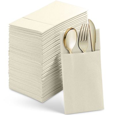 Disposable Linen-Feel Dinner Napkins With Built-in Flatware Pocket, 50-Pack CHAMPAGNE Prefolded Cloth Like Paper Napkins For Wedding, Dinner Or Party
