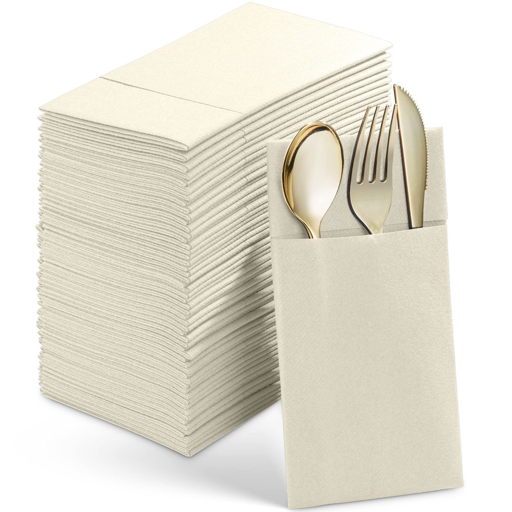 Disposable Linen-Feel Dinner Napkins With Built-in Flatware Pocket, 50-Pack CHAMPAGNE Prefolded Cloth Like Paper Napkins For Wedding, Dinner Or Party