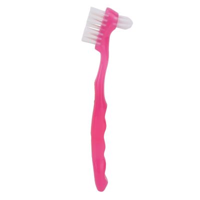 Denture Brush, Soft Hair Plaque Removal False Teeth Brush Ergonomic Double Sided for Home Travel for Elderly (Pink)