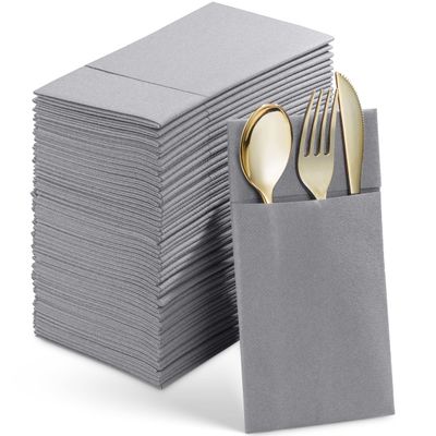 Disposable Linen-Feel Dinner Napkins With Built-in Flatware Pocket, 50-Pack GRAY Prefolded Cloth Like Paper Napkins For Wedding, Dinner Or Party