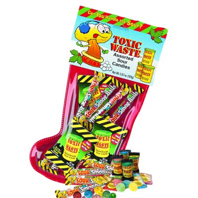 CHRISTMAS STOCKING. Three Assorted Original Hazardously Sour Hard Candies In 0.42 Oz. Packages And Eight Tubes Sour Crunchy (1 Stocking, Packaging May Vary)