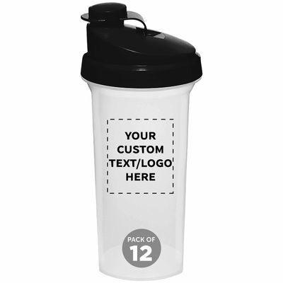 DISCOUNT PROMOS Custom Plastic Shaker Bottles 25 oz. Set of 12, Personalized Bulk Pack - Protein Mixer Cup with Flip Top Lid, BPA Free - Black