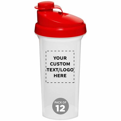 DISCOUNT PROMOS Custom Plastic Shaker Bottles 25 oz. Set of 12, Personalized Bulk Pack - Protein Mixer Cup with Flip Top Lid, BPA Free - Red