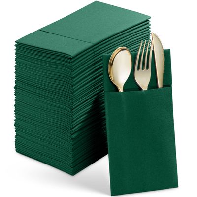 Disposable Linen-Feel Dinner Napkins With Built-in Flatware Pocket, 50-Pack GREEN Prefolded Cloth Like Paper Napkins For Wedding, Dinner Or Party