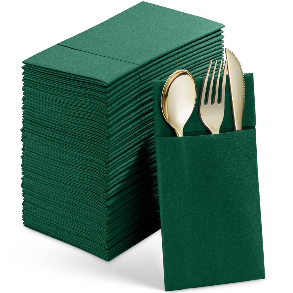 Disposable Linen-Feel Dinner Napkins With Built-in Flatware Pocket, 50-Pack GREEN Prefolded Cloth Like Paper Napkins For Wedding, Dinner Or Party