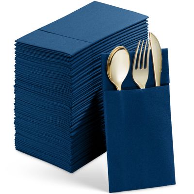 50-Pack Disposable Linen-Feel Dinner Napkins With Built-in Flatware Pocket, BLUE Prefolded Cloth Like Paper Napkins For Wedding, Dinner Or Party
