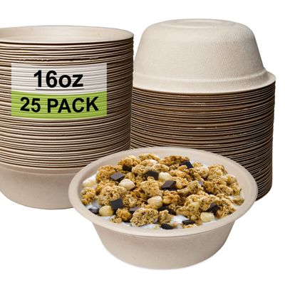 EcoQuality [25 Pack 16 oz Compostable Paper Bowls Heavy-Duty Disposable Bowls, Eco-Friendly Natural Bagasse Unbleached, Hot or Cold Use, 100% Biodegradable Soup Bowls Sugarcane