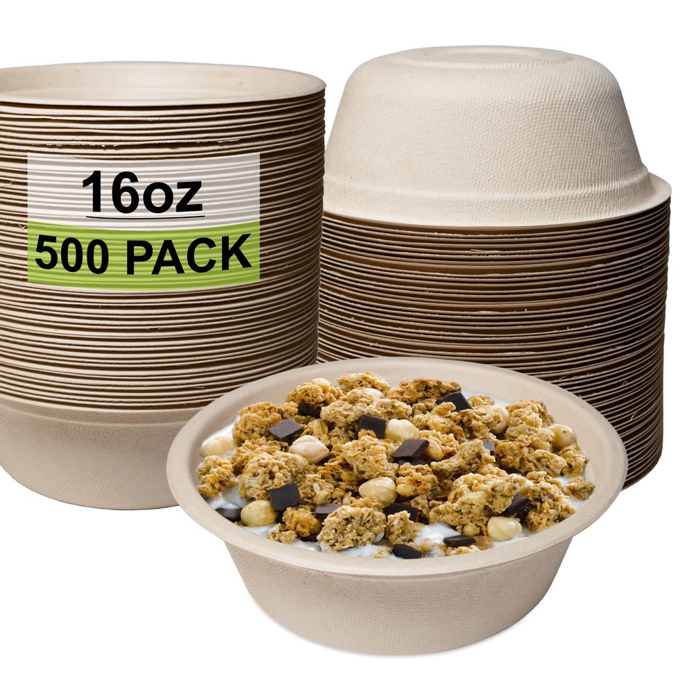 [500 Pack] 16 oz Compostable Paper Bowls Heavy-Duty Disposable Bowls, Eco-Friendly Natural Bagasse Unbleached, Hot or Cold Use, 100% Biodegradable Soup Bowls Sugarcane
