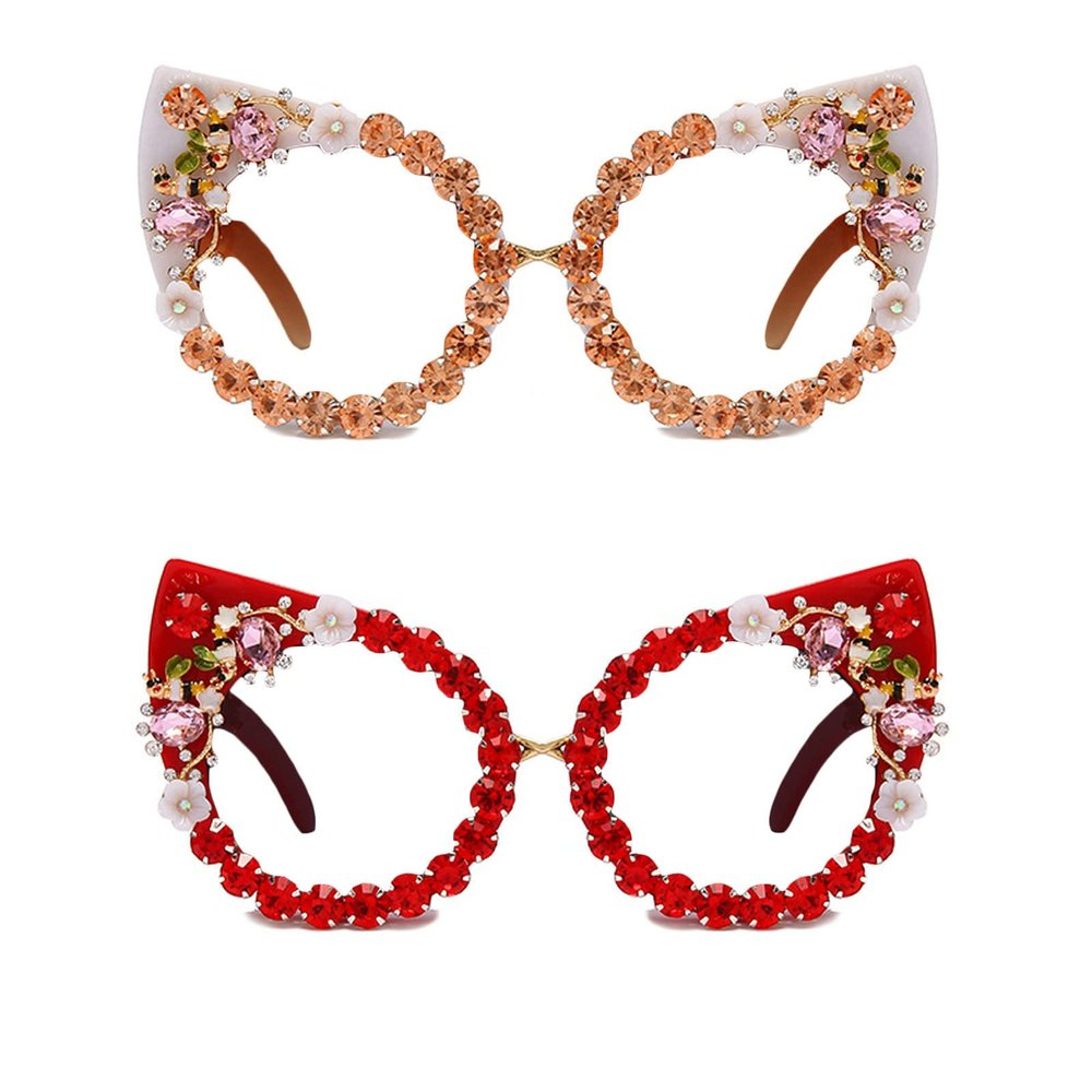 Melrose/Women Rhinestone Vintage Punk Style cat Glasses Frame Eye Bling Rhinestone reading Glasses (2pcs Champagne&red, 3.25, multiplier_x)