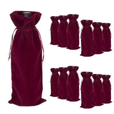 TopTie 12 PCS Velvet Wrap Bags for Wine Bottle 750ml, 6.3 x 15 Inches Drawstrings Bags, Wedding Party Accessories