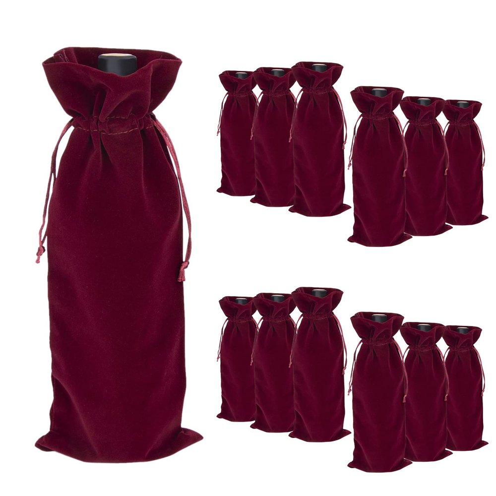 TopTie 12 PCS Velvet Wrap Bags for Wine Bottle 750ml, 6.3 x 15 Inches Drawstrings Bags, Wedding Party Accessories