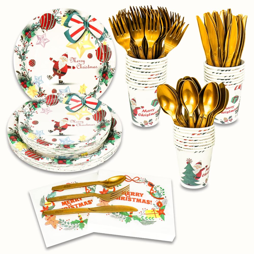 175 Pcs Disposable Christmas Party Supplies Party Tableware Set Happy Christmas Party Tableware Christmas Paper Plates and Napkins Cups Serve for 25 Guests(Type2)