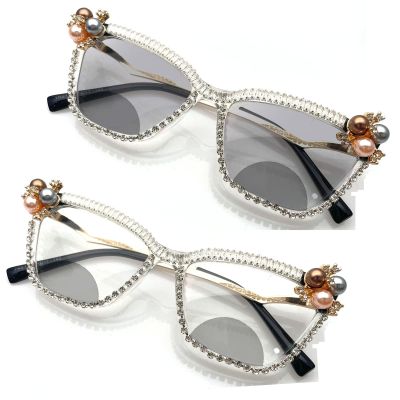 Oversize Transition Photochromic Bifocal Reading Glasses for Women Trendy Cat Eye Computer rhinestones Sunglasses Reades (white, 2.5, multiplier_x)