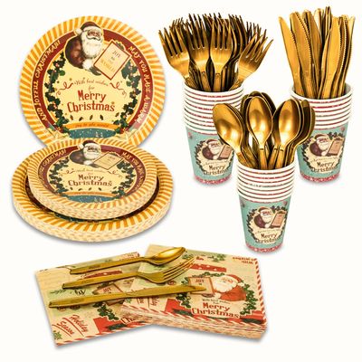 175 Pcs Disposable Christmas Party Supplies Party Tableware Set Happy Christmas Party Tableware Christmas Paper Plates and Napkins Cups Serve for 25 Guests(Type4)
