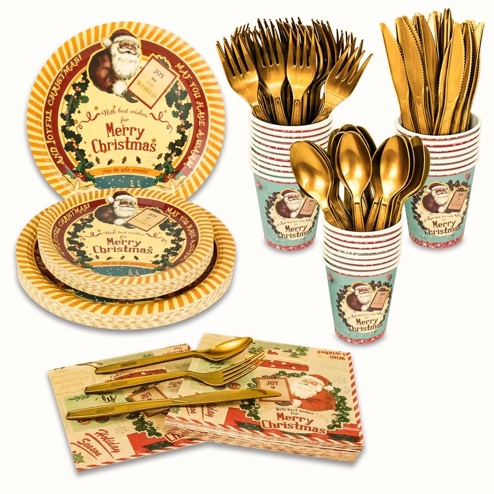 175 Pcs Disposable Christmas Party Supplies Party Tableware Set Happy Christmas Party Tableware Christmas Paper Plates and Napkins Cups Serve for 25 Guests(Type4)
