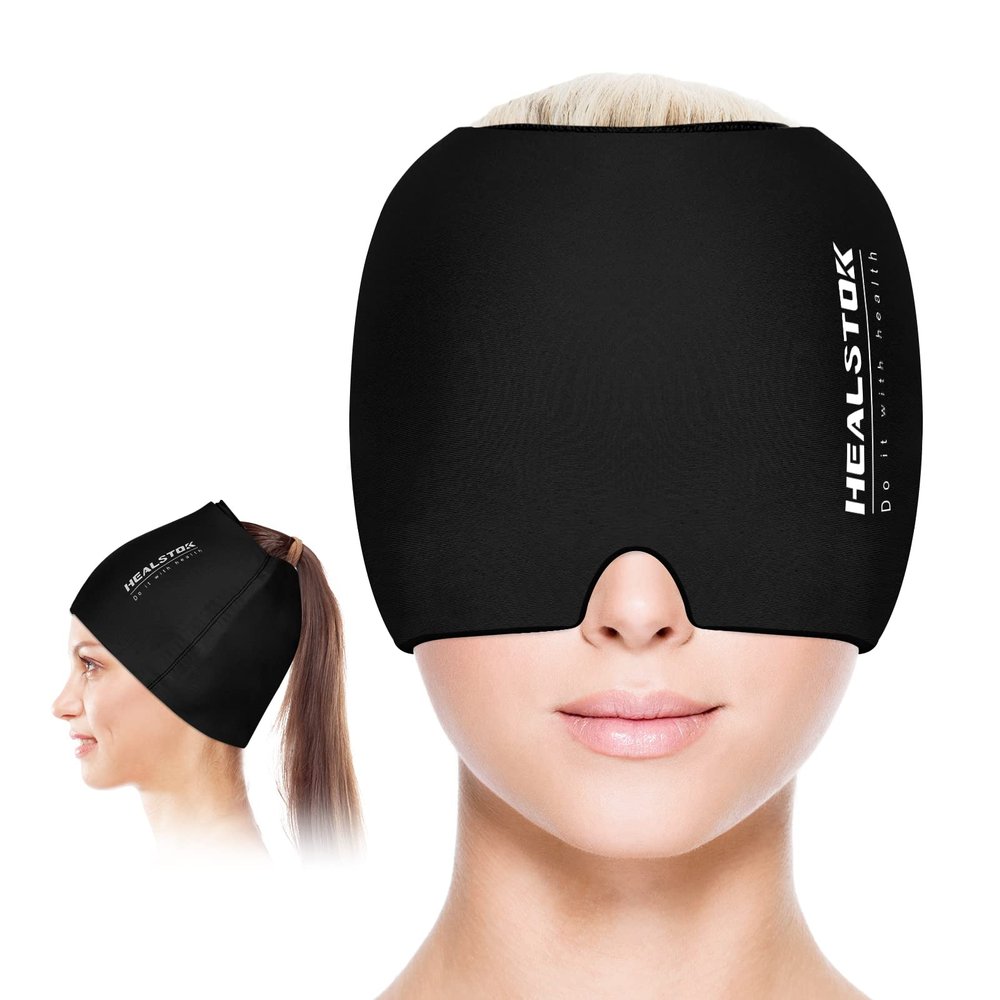 HEALSTOK Cold Hat, Ice Cap, Ice Head Wrap, Cold & Hot Therapy Reusable 360 Compression Flexible Ice Pack Head Wrap, Cold Head Park Wrap. Black